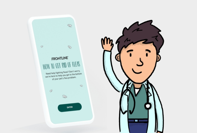 Cartoon doctor waving next to a smartphone screen displaying a How to Get Rid of Fleas guide by Frontline.